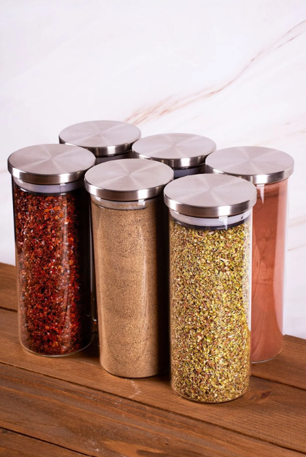 Fhilli Oslo - 6'lı Metal Kapaklı Vakumlu Cam Saklama Kabı Baharatlık 350ml